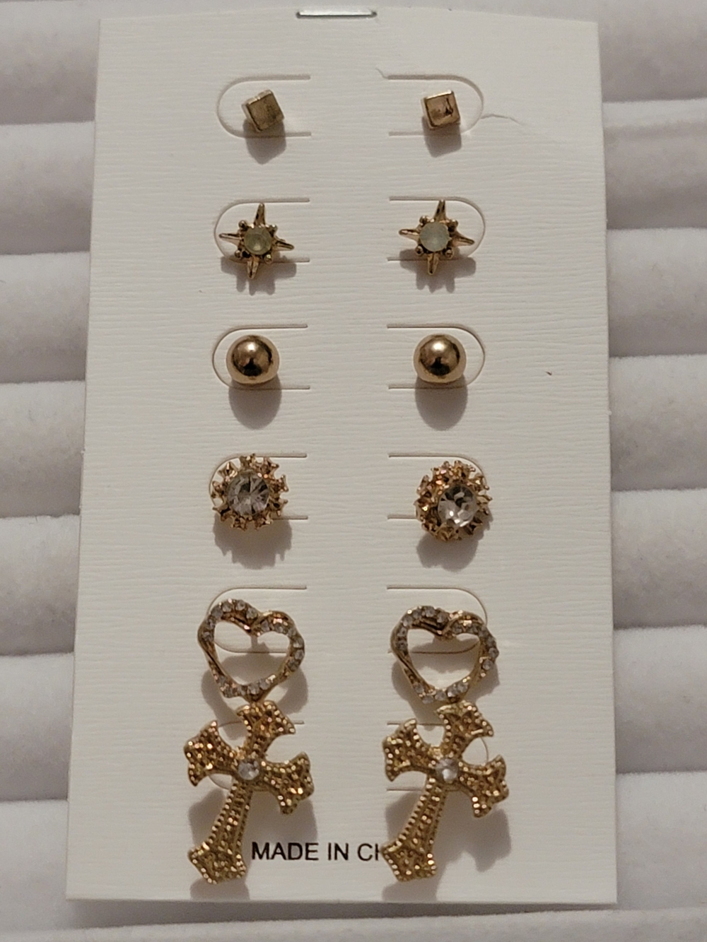 Gold-Tone Cross and Heart Earring Set - 6 Pairs